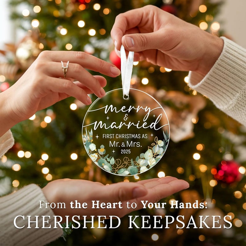 HEXMOZ First Christmas Married Ornament 2025 - Wedding Gifts for Couples 2025 - Just Married, Mr and Mrs Gifts for Newlyweds - Bridal Shower Gift for Bride - Acrylic Wedding Ornament - Image 5